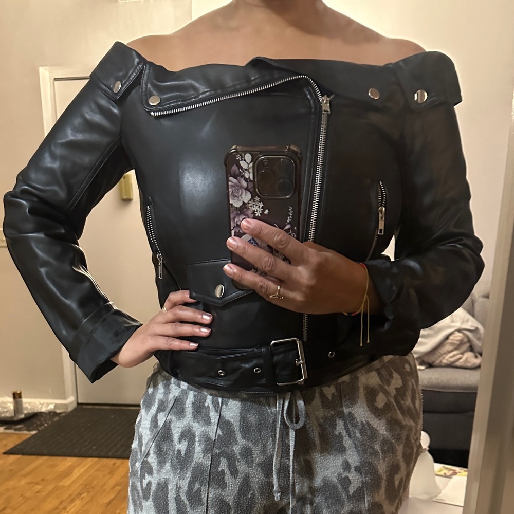 Edgy Off-the-Shoulder Faux Leather Jacket